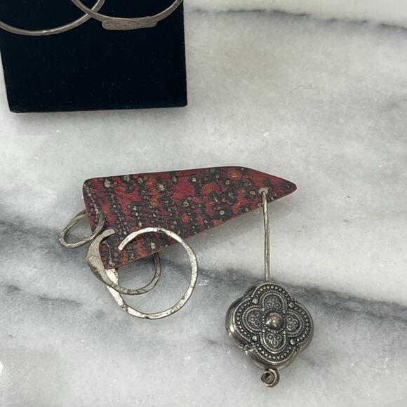Handmade rustic modern sterling silver abstract hoop earrings and brooch - Picture 2 of 7